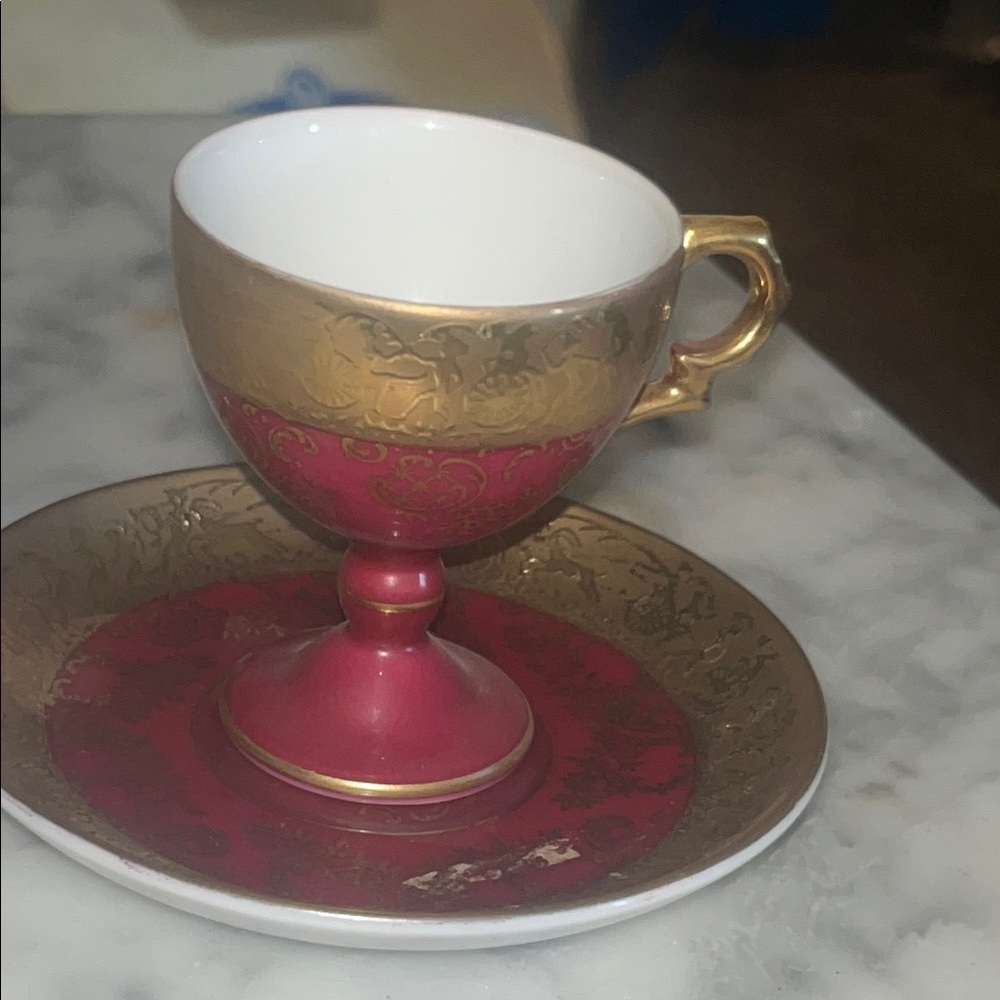 Luxurious Red and Gold Teacup with Saucer